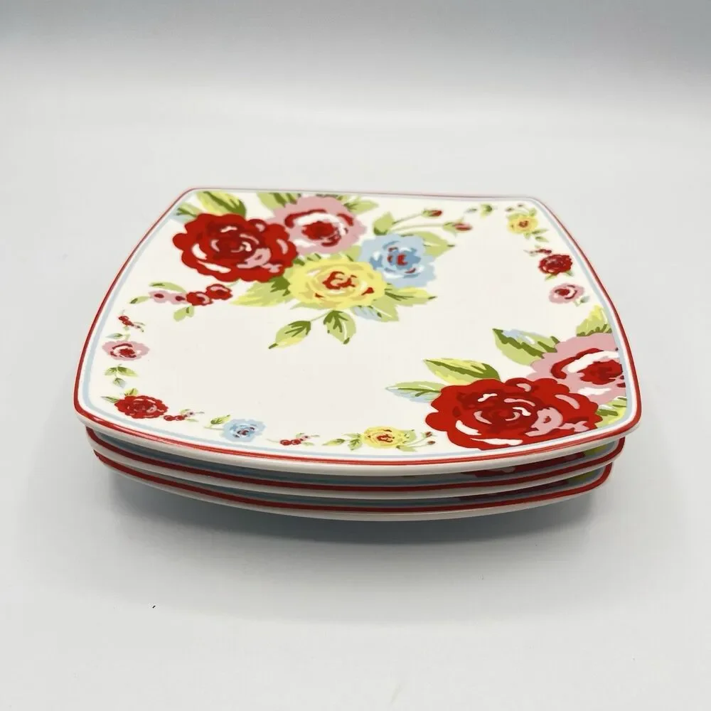 Shabby Chic Roses Small 6” Plates Square Appetizer Set of 3 Country Cottage